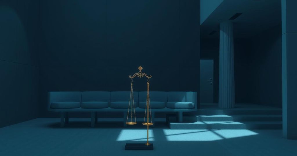 A dark, abstract representation of a courtroom with shadows and muted colors, symbolizing judicial power dynamics.