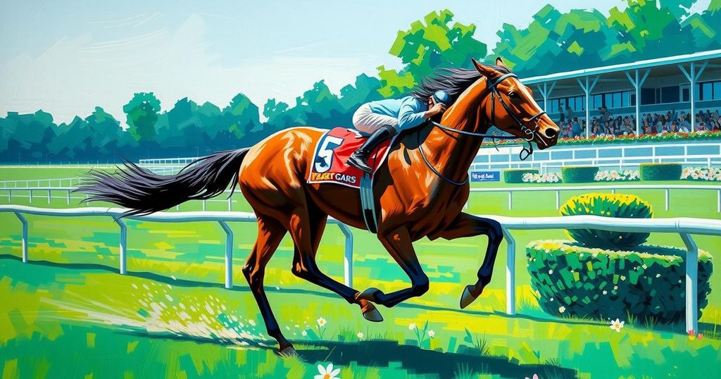 A racehorse in action during a horse race at Churchill Downs with vibrant colors and dynamic composition.