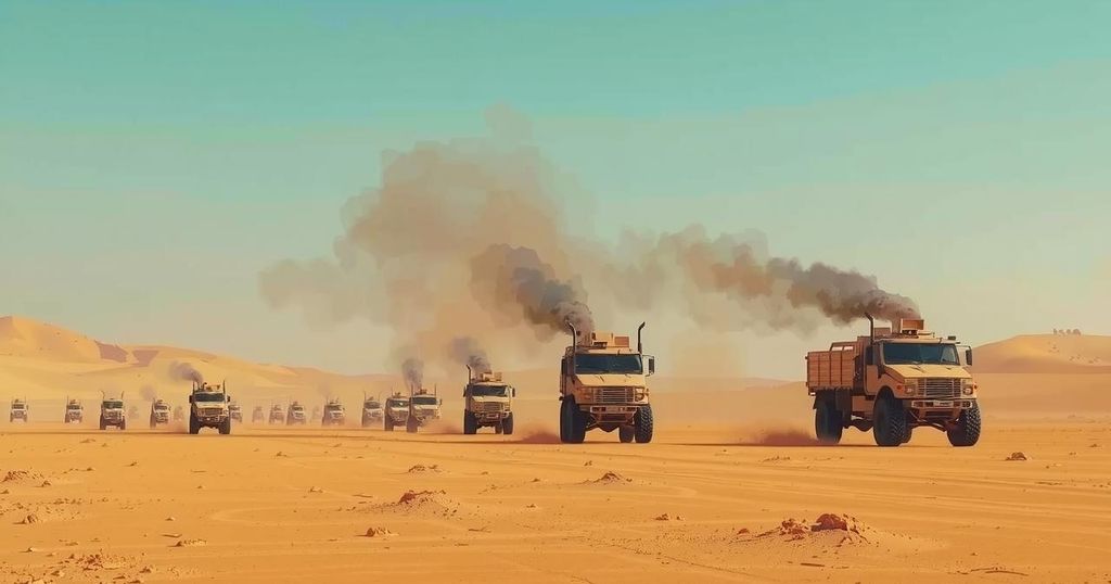 Desert landscape with military trucks and smoke under a blue sky, illustrating conflict and tension in the region.