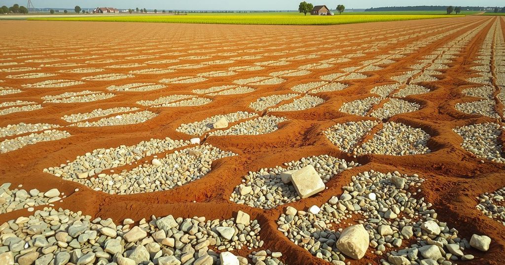 A landscape of farmland with crushed stone spread across, showcasing sustainable agriculture practices for climate action.