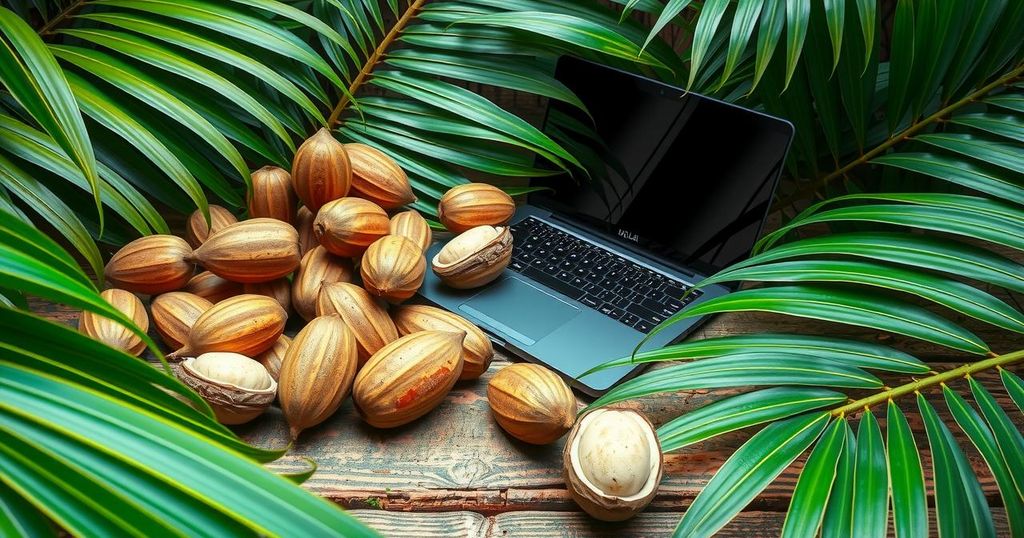 A vibrant illustration of kola nuts, palm leaves, and a laptop on a wooden table, highlighting investment themes.