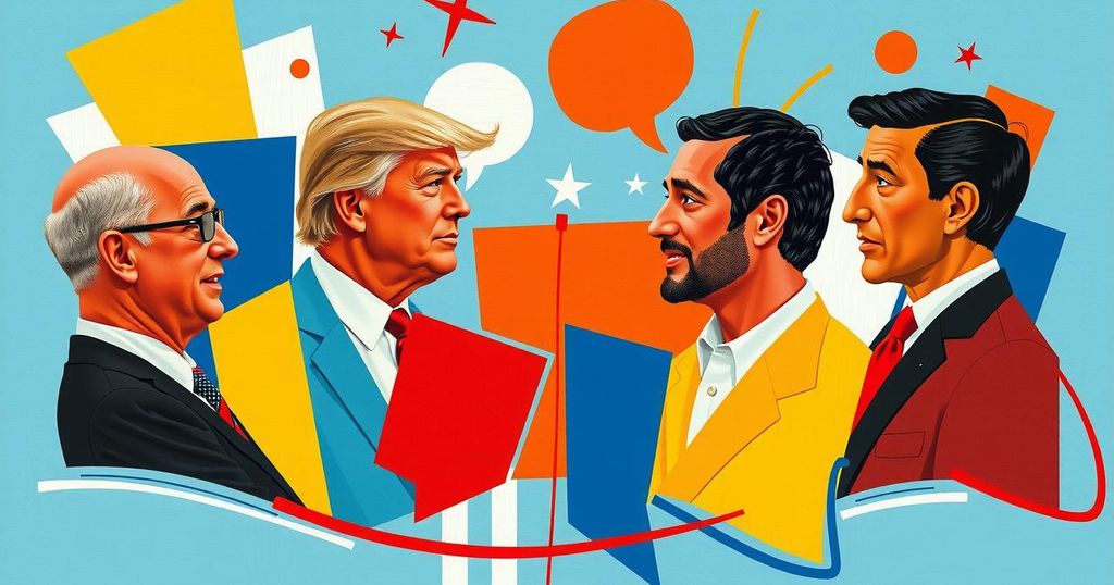 A colorful abstract representation of political discussions, featuring energetic shapes and vibrant colors.