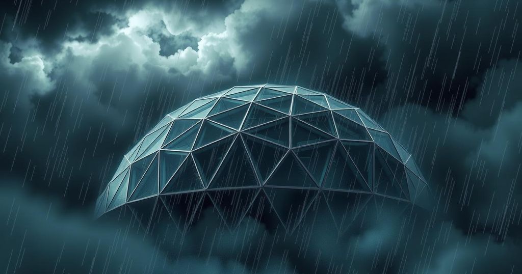Geodesic dome under stormy skies, depicting military communication technology.