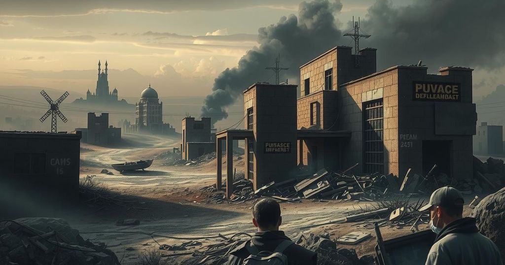 A stark landscape depicting war's impact, with desolated buildings, dark clouds, and muted tones of gray and brown.