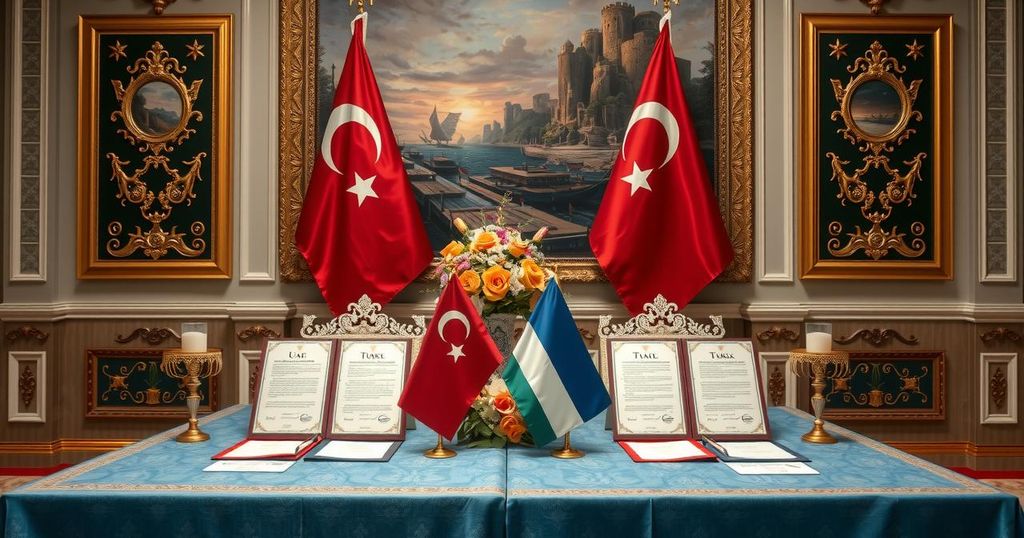 Ceremony table with signed agreements and decorative elements representing UAE-Turkey partnership