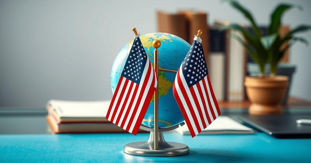 A symbolic illustration depicting diplomacy, focusing on a globe and flags representing Liberia and the USA, in a bright color scheme.