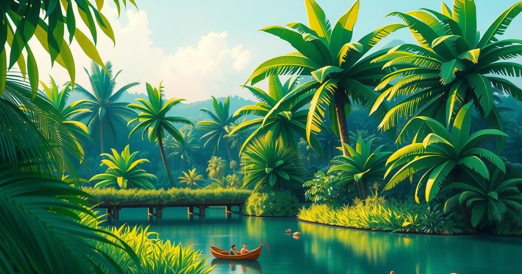 Colorful illustration of a tropical landscape symbolizing leadership and progress in Suriname.