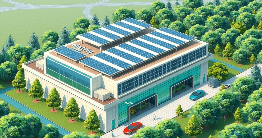 Electric vehicle factory model showcasing modern design with industrial elements and green technology in vibrant colors.