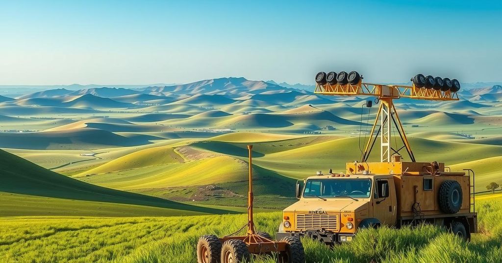 A serene landscape of Angola's vast terrain, showcasing minesweeper equipment and untouched nature, promoting peace and safety.