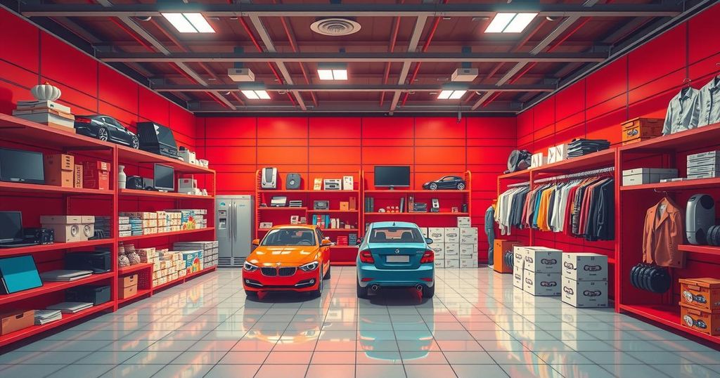 A symbolic representation of international trade tariffs, showcasing goods like cars, electronics, and clothing.