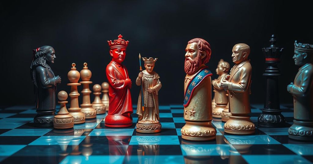 A symbolic image of global security with chess pieces representing world leaders, in a dramatic color palette.