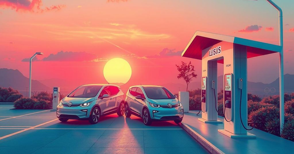 A digital art piece featuring electric vehicles charging under a colorful sunset, symbolizing innovation and progress.