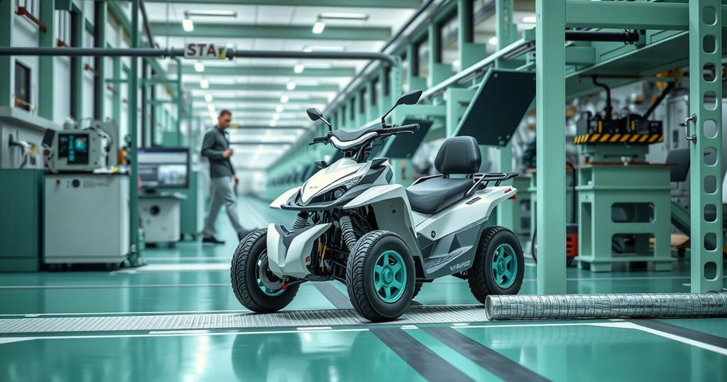 Celebration of Morocco's electric vehicle production with a quadricycle in a modern factory setting.