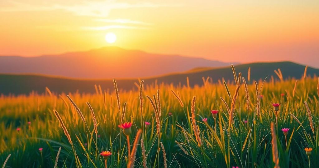 A serene landscape representing community support and grief, featuring a peaceful meadow at sunset with warm colors.