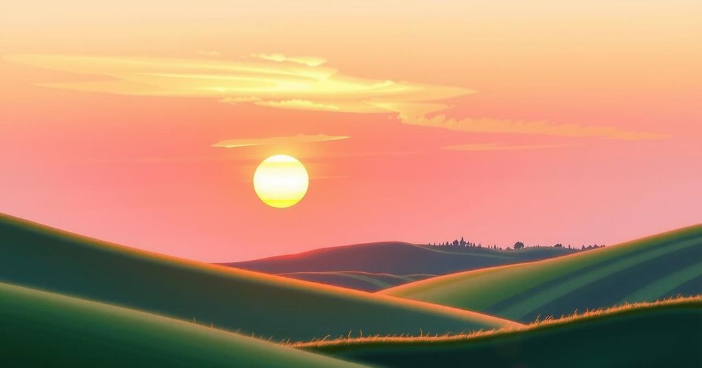 A serene landscape with a tranquil sunset over rolling hills, painted in soft pastels, embodying calmness and peace.