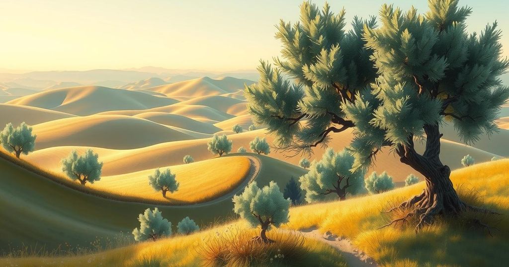Peaceful landscape depicting olive trees and rolling hills in a serene setting, symbolizing hope and unity.