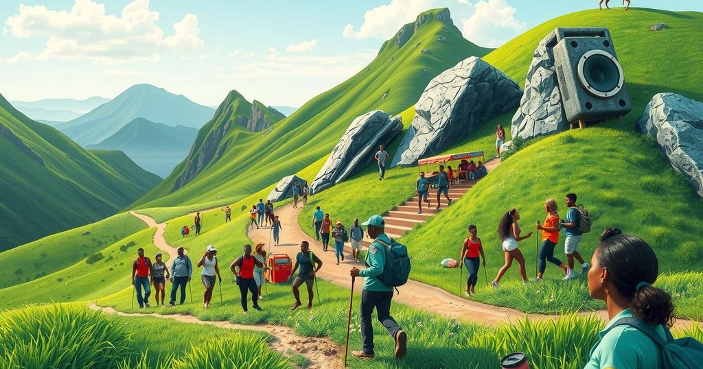 Colorful hiking scene with lush green hills and energetic outdoor activities in Nigeria's beautiful countryside.