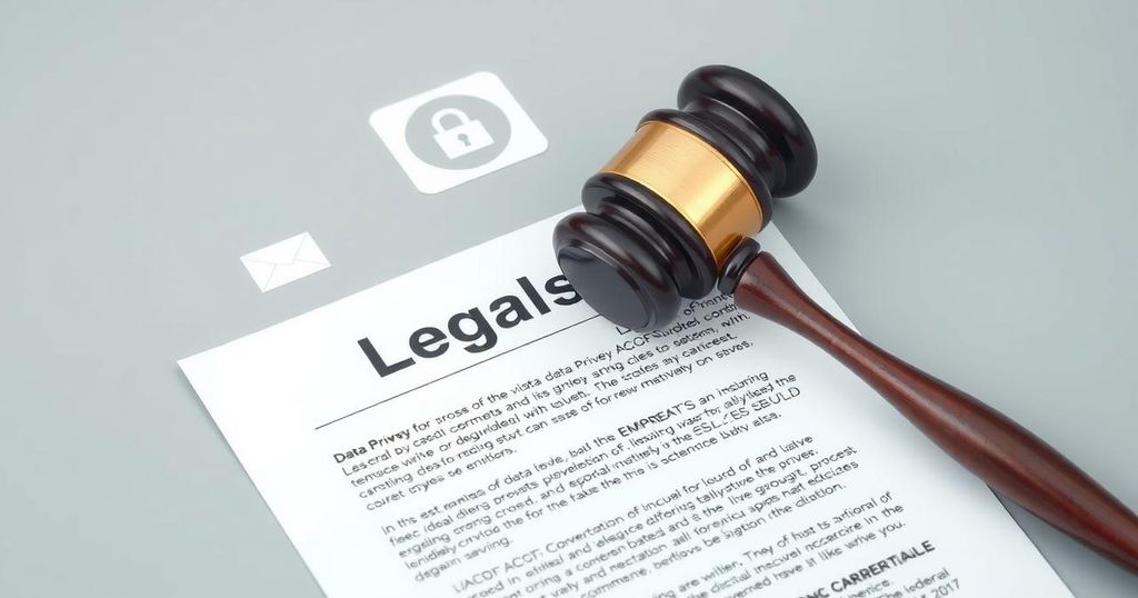 A gavel stands over a legal document, surrounded by icons representing data privacy and e-commerce in muted colors.