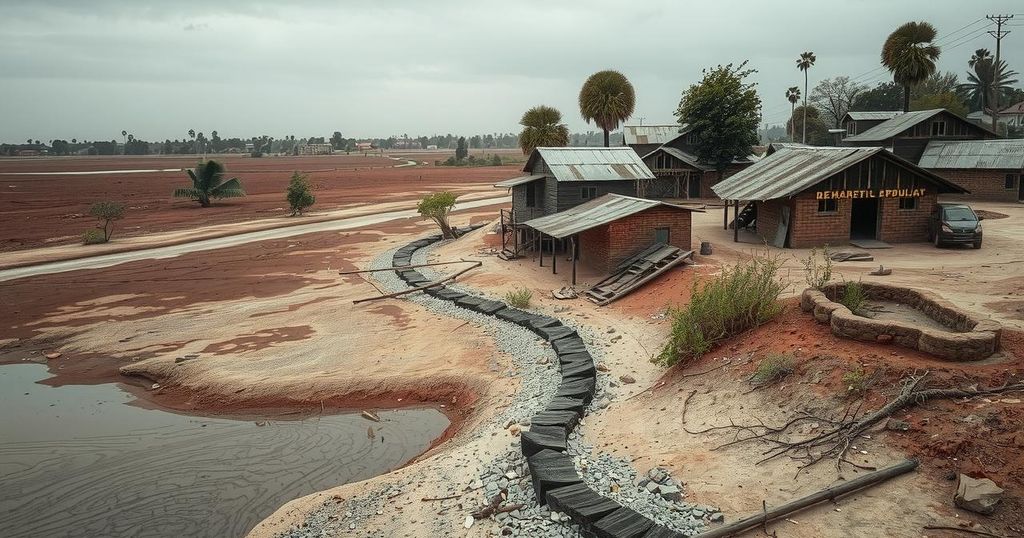 Dark scene depicting lack of clean water, dilapidated buildings and arid land in DRC, highlighting urgent humanitarian issues.