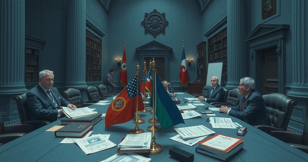 A tense negotiation scene set in a government building, showcasing flags and documents symbolizing discussions.