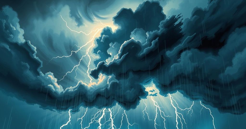 A dramatic stormy sky filled with dark clouds, lightning, and heavy rain, evoking the intensity of a tropical cyclone.