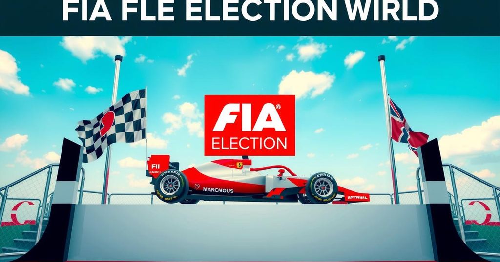 Motorsport election scene with a podium, race flags, and a sleek race car under a bright blue sky.