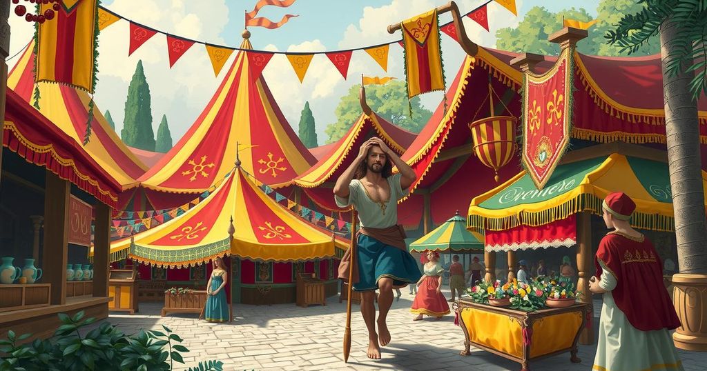 A medieval fair setting with colorful tents, vibrant decorations, and festive activities, capturing the essence of a Renaissance Festival.