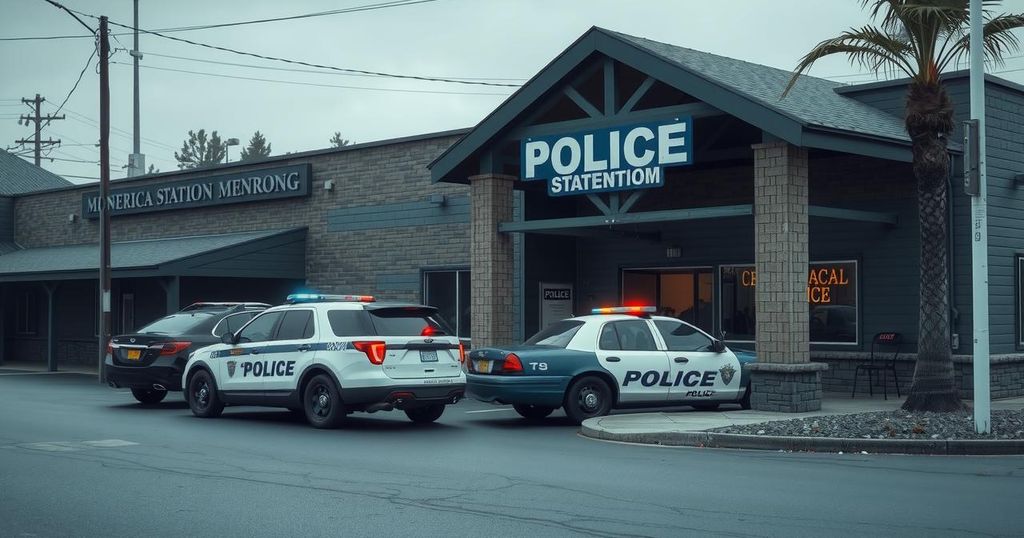 A police station in Monrovia with police cars and officers, depicting a serious environment.