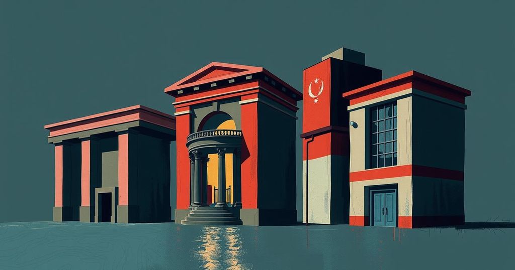 A symbolic representation of Lebanon's banking crisis with abstract buildings and dark colors.