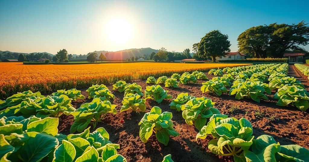 A vibrant agricultural landscape depicting healthy crops thriving in clean soil under a sunny sky.