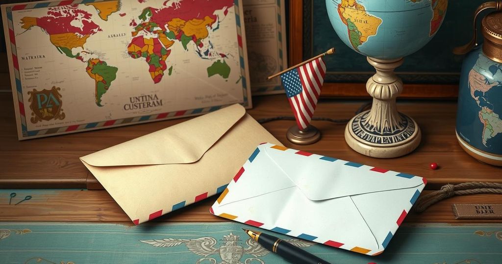 A symbolic representation of silent communication, depicting two unmailed letters against a backdrop of world maps and flags.