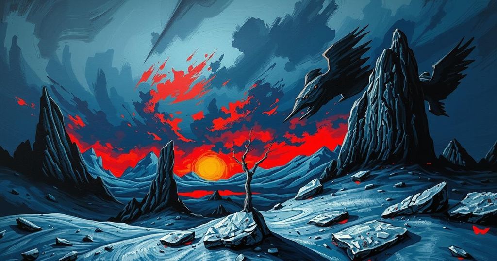 A stark landscape depicting the tension between North Korea and Russia, using dark tones and sharp contrasts for impact.
