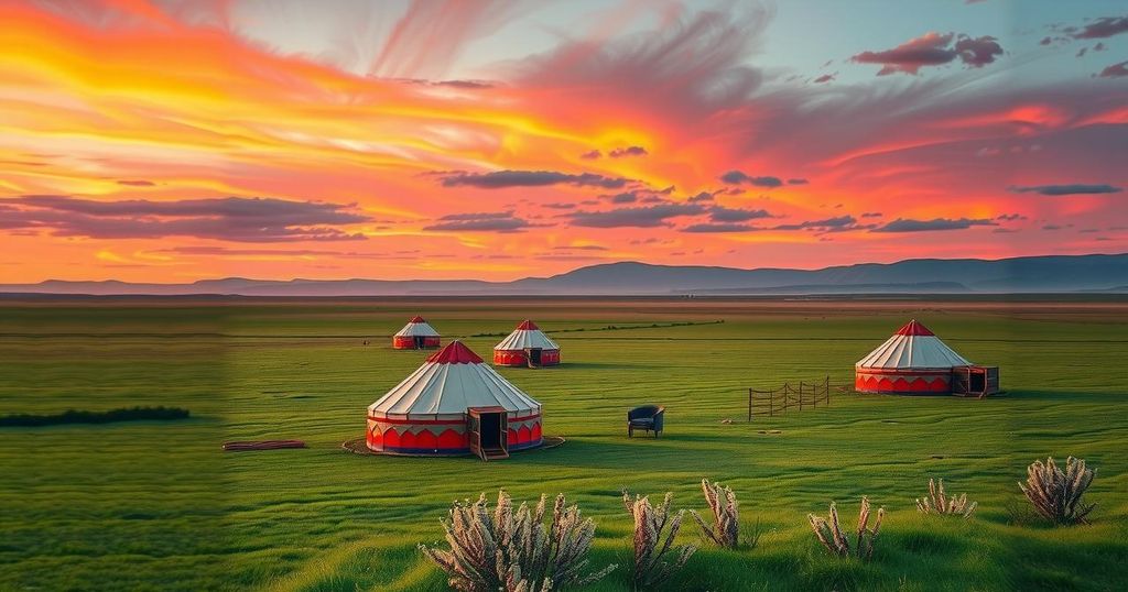 Mongolian landscape featuring traditional ger tents and vast steppe under a vibrant sunset sky.