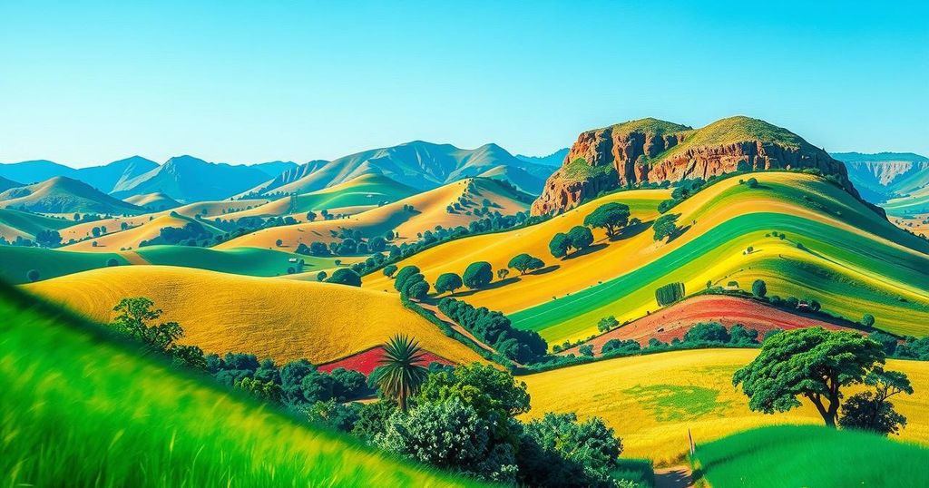 A vibrant landscape showcasing Angola's rich natural beauty, with lush greenery and bright skies, in impressionistic style.