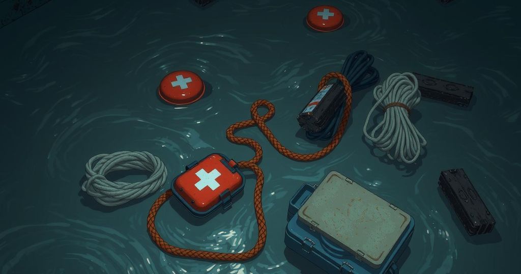 Digital art showing chaos and rescue amidst floods, with diverse relief items and deep blue and muddy brown color scheme.