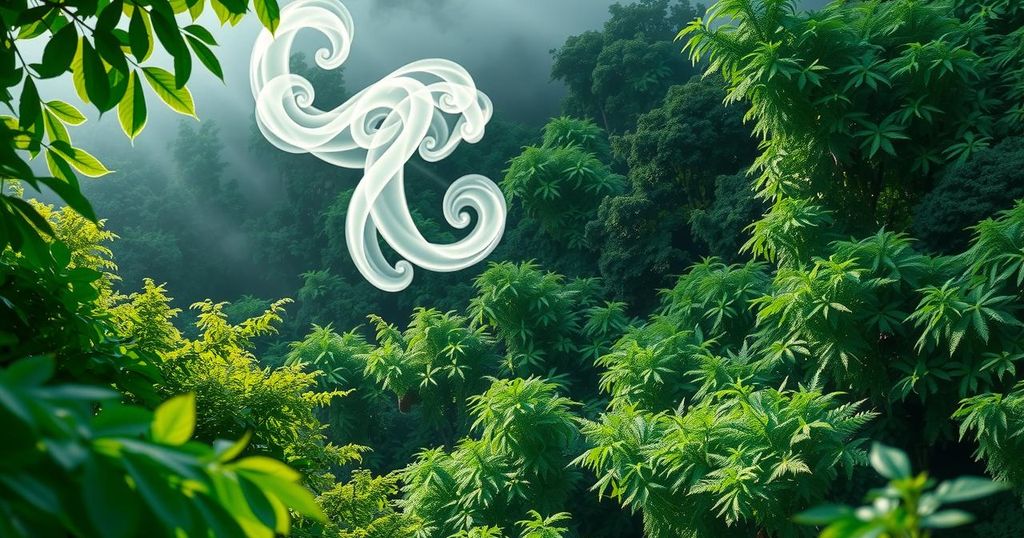 A vibrant green landscape with a vapor cloud hovering, symbolizing vaping's deceptive allure and hidden dangers.