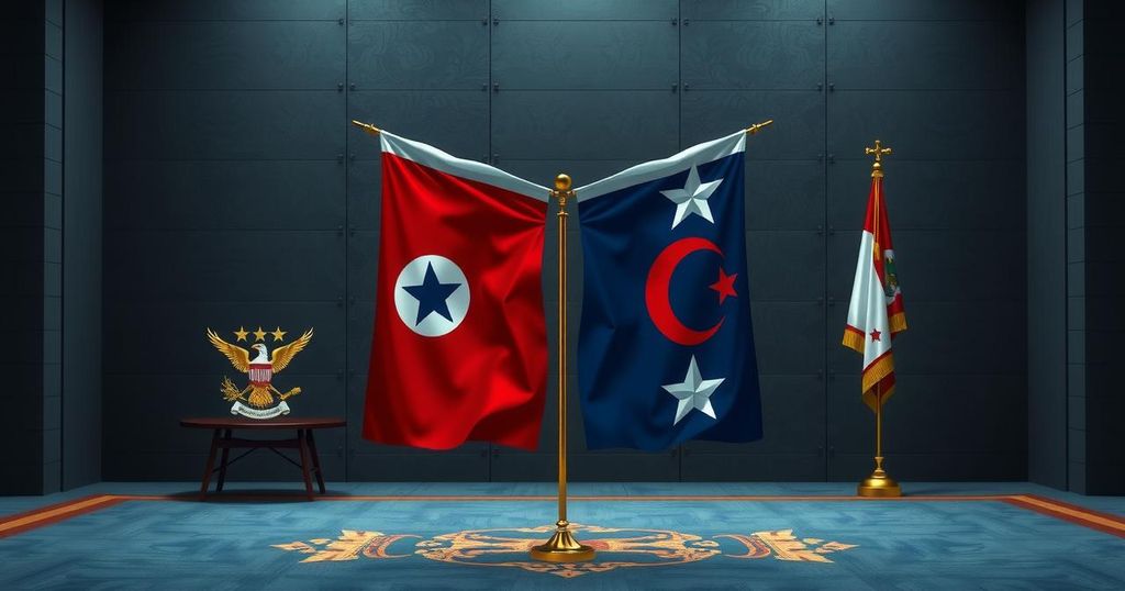 North Korea supports Russia, symbolizing military alliance with flags and military symbols in a diplomatic setting.