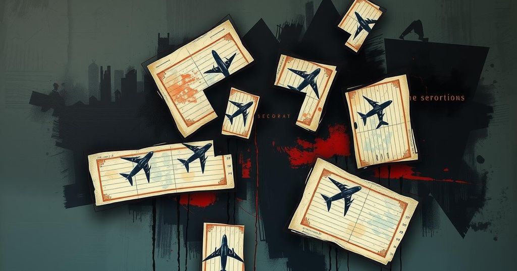 Abstract representation of complex immigration issues with flight logs, emphasizing secrecy and identity. Dark tones.
