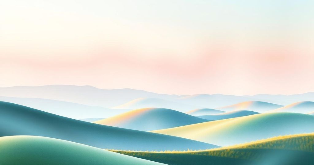 A serene landscape with rolling hills under a soft pastel sky, conveying peace and tranquility with subtle watercolor tones.