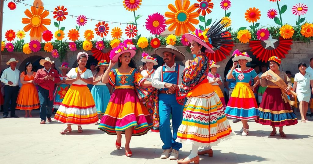 Vibrant scene of Oaxaca's Guelaguetza festival with colorful folk dance, traditional costumes, and festive atmosphere.
