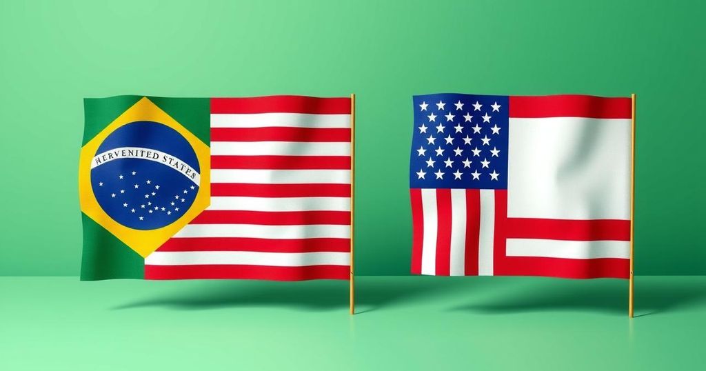 A vibrant representation of a trade negotiation scene featuring symbolic elements of Brazil and the U.S. in a stylized format.