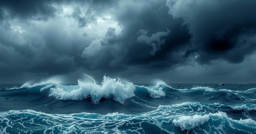 Stormy seas and dark clouds over a turbulent ocean, illustrating severe weather and monsoon conditions in Thailand.
