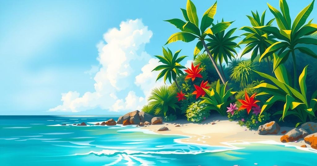 A vibrant Caribbean landscape featuring lush greenery, tropical plants, and blue skies with ocean waves.