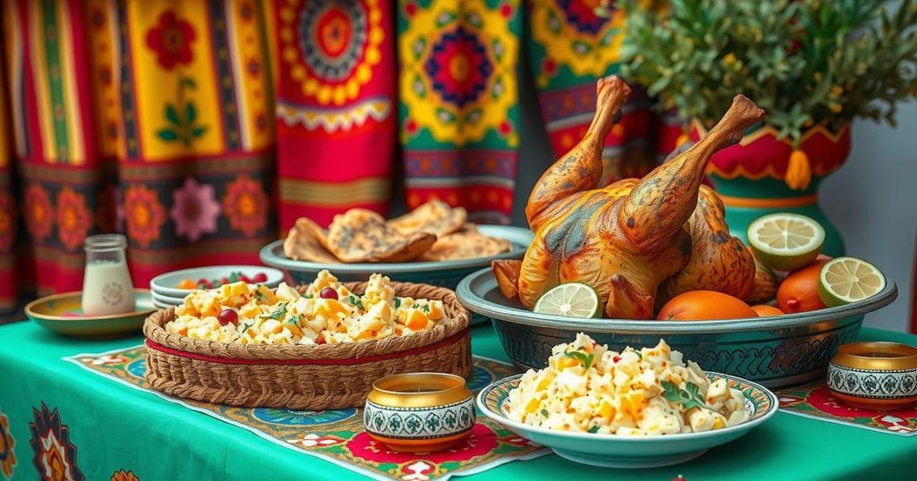 Colorful representation of traditional Peruvian dishes and ingredients at a culinary festival in a festive setting.