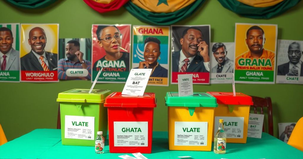 A vibrant depiction of a Ghanaian electoral scene with ballot boxes and campaign posters highlighting political themes.