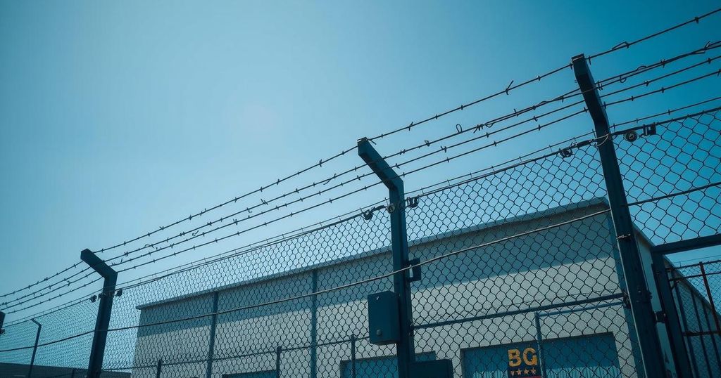Prison walls with a barbed wire fence under a blue sky, symbolizing security and confinement.