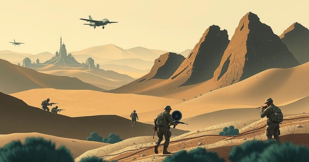 A landscape depicting the intensifying cooperation between two nations, with military themes and a muted color palette.