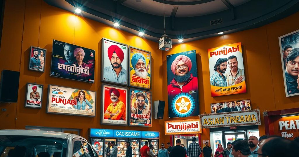 A theater with vibrant posters of Punjabi films and a spotlight, conveying the lively Asian film culture.