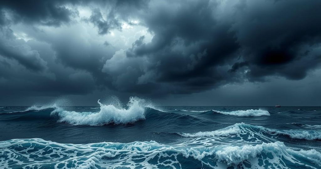 Stormy seascape with dark clouds and waves highlighting the typhoon alert in Macao.