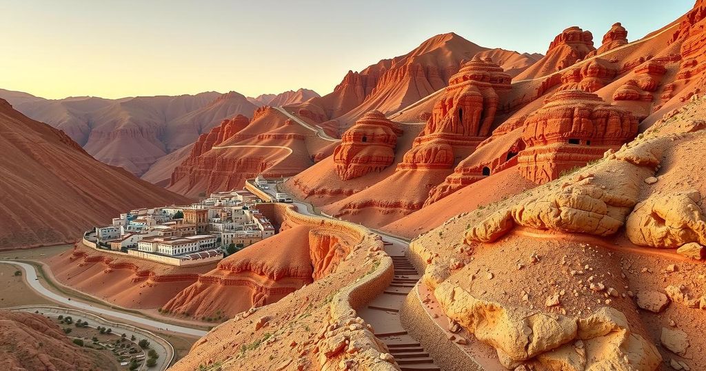 Morocco's Anti-Atlas mountains showcasing terraced villages and serpentinite mineral formations in warm tones.